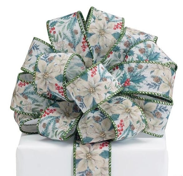 Sage poinsettias and cones 1.5” wired ribbon - 20 yards - Greenery Market3076203