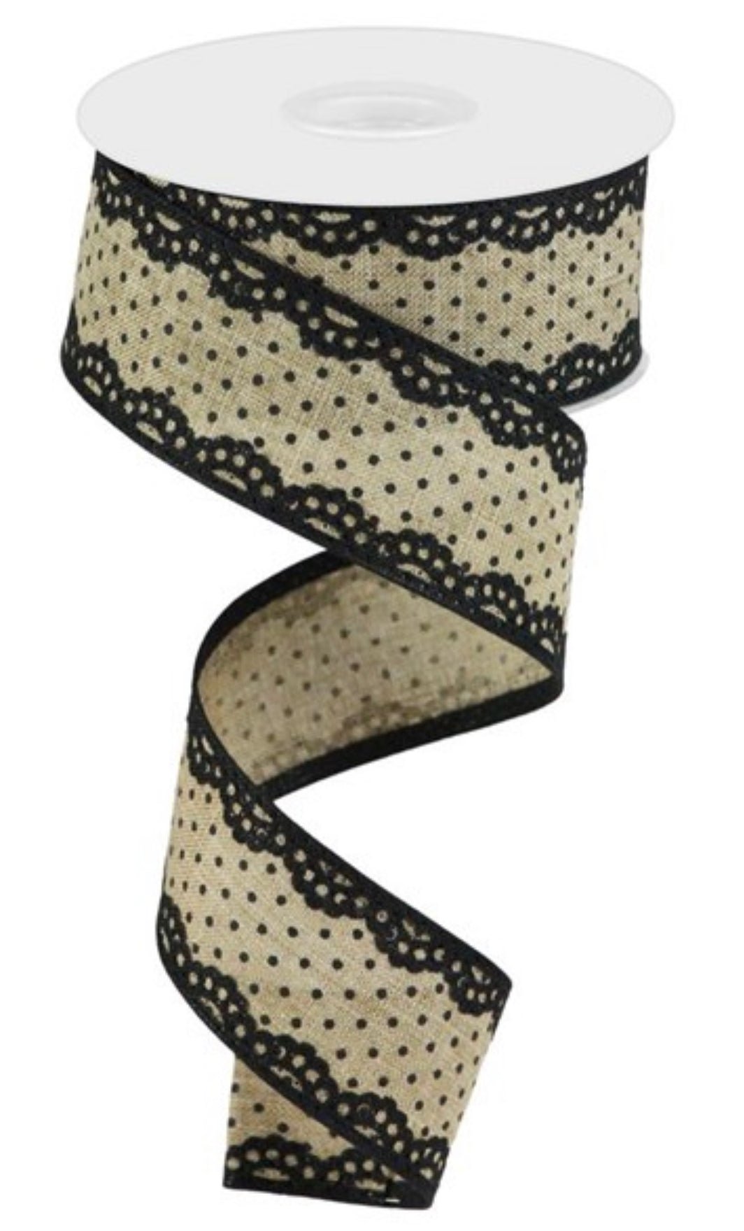 Tan with black Swiss dots with faux lace edge ribbon 1.5