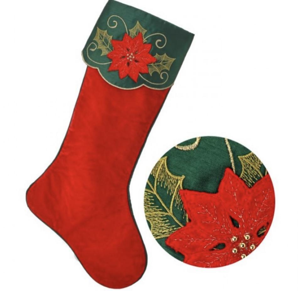 Velvet embroidered Christmas stockings with poinsettias - Greenery Market Home decor