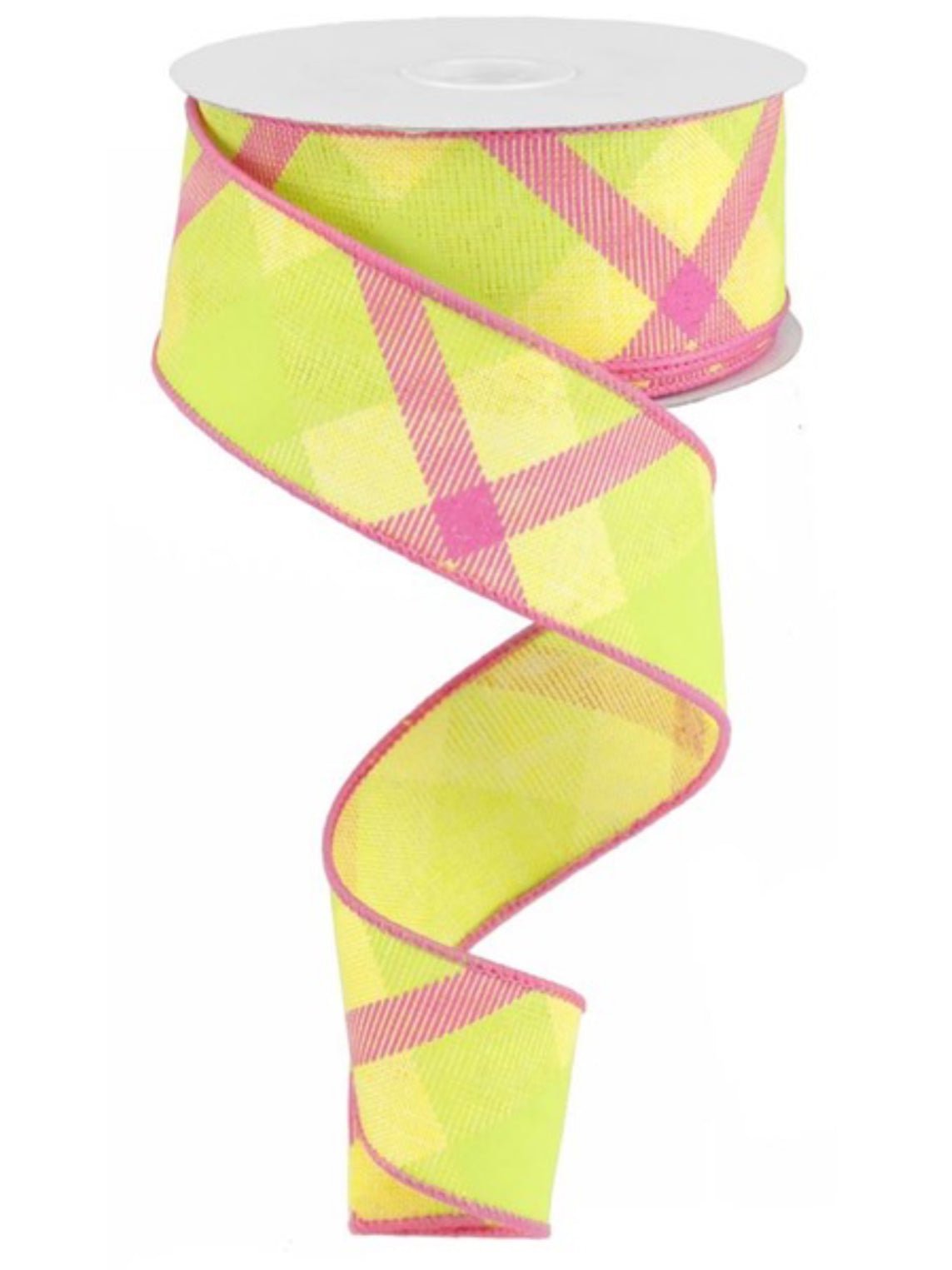 Yellow, lime green, and hot pink diagonal plaid wired ribbon, 1.5” - Greenery Marketwired ribbonRG0168229