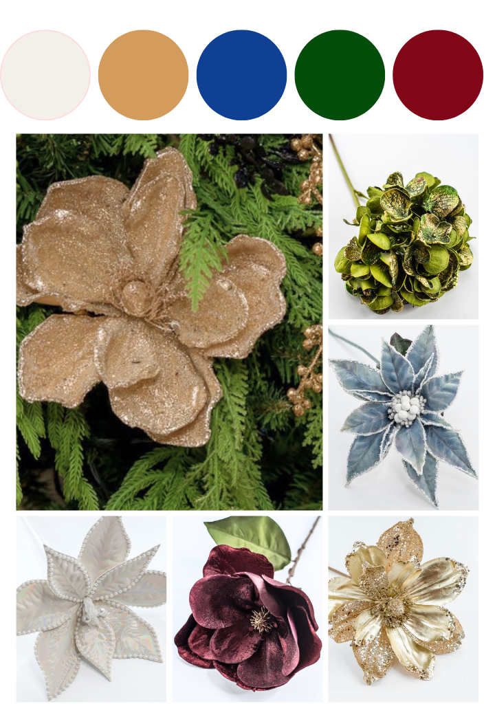 Artificial Christmas tree flowers in cream, gold, blue, red, and green