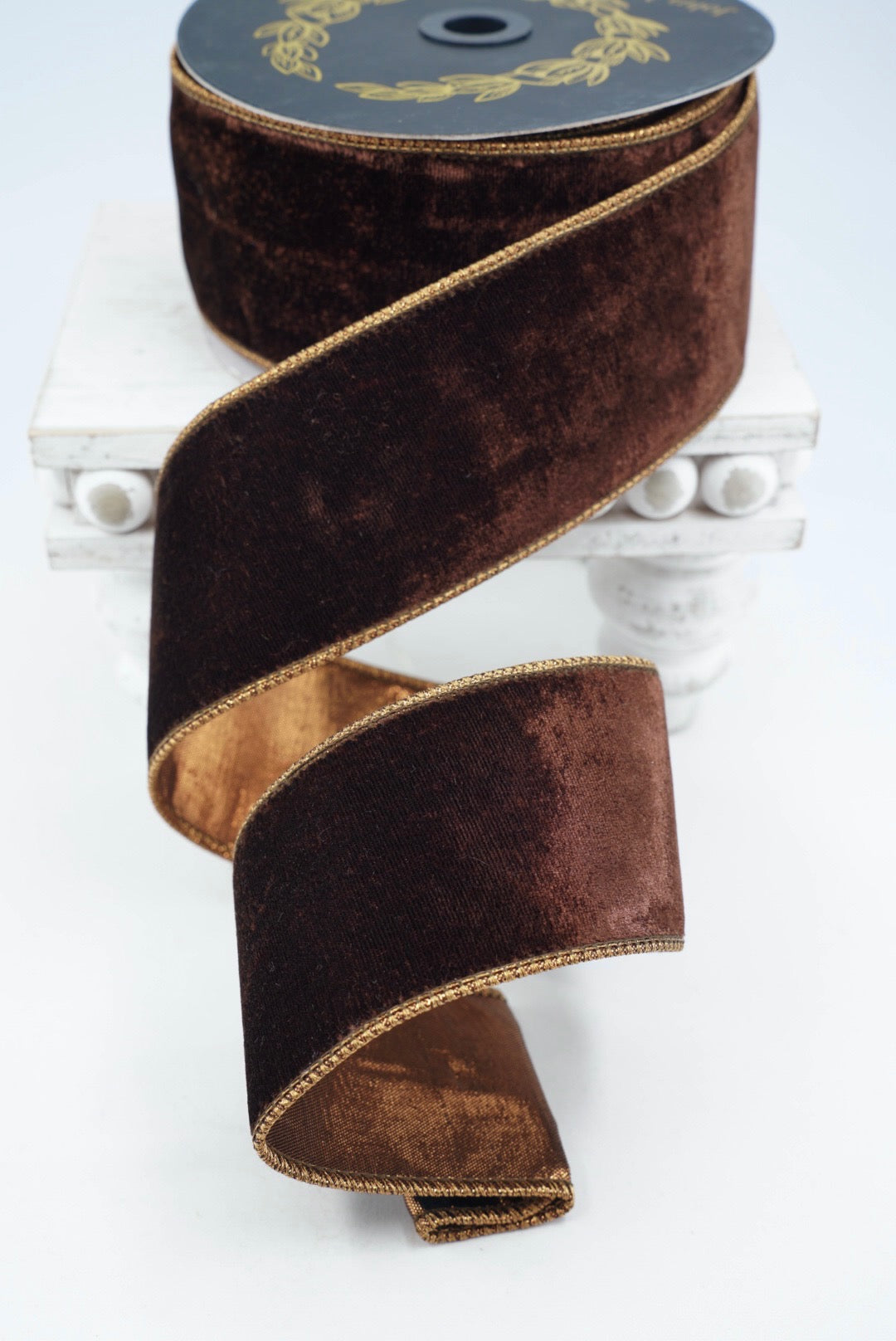 John Mark, Dark Brown Velvet Metallic Dupion Wired Ribbon - 2.5"