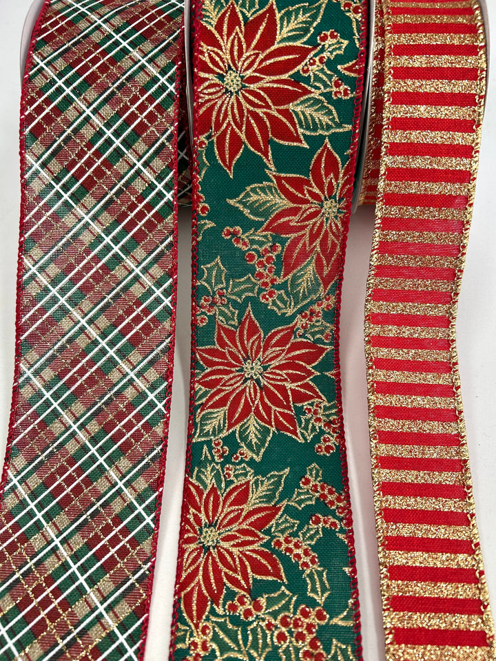 Christmas Red & Green Poinsettia Bow Bundle x 3 Wired Ribbons