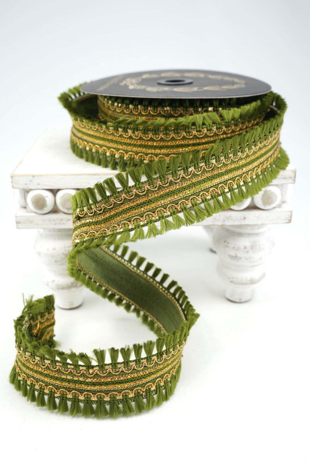 John Mark, Green Tassel Fringe Dupion Wired Ribbon - 1.5"