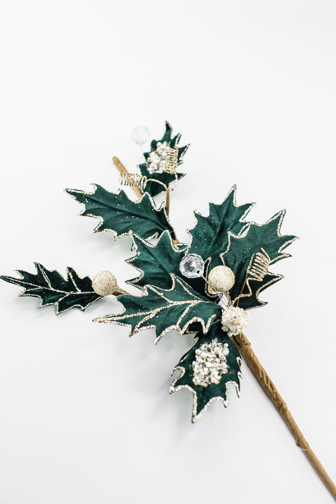 Artificial Green Velvet Holly Berry With Glitter Spray - 25"