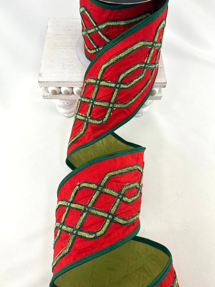 John Mark, Red Embroidered Trellis Wired Ribbon - 4"