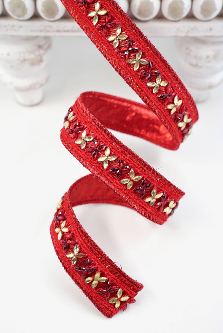 John Mark, Red Jeweled Metallic Dupion Trim Wired Ribbon - 1"