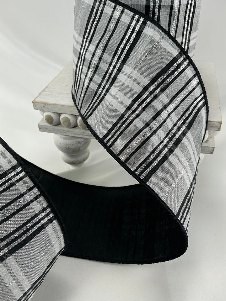 Farrisilk Black and White preppy plaid 4” wired ribbon