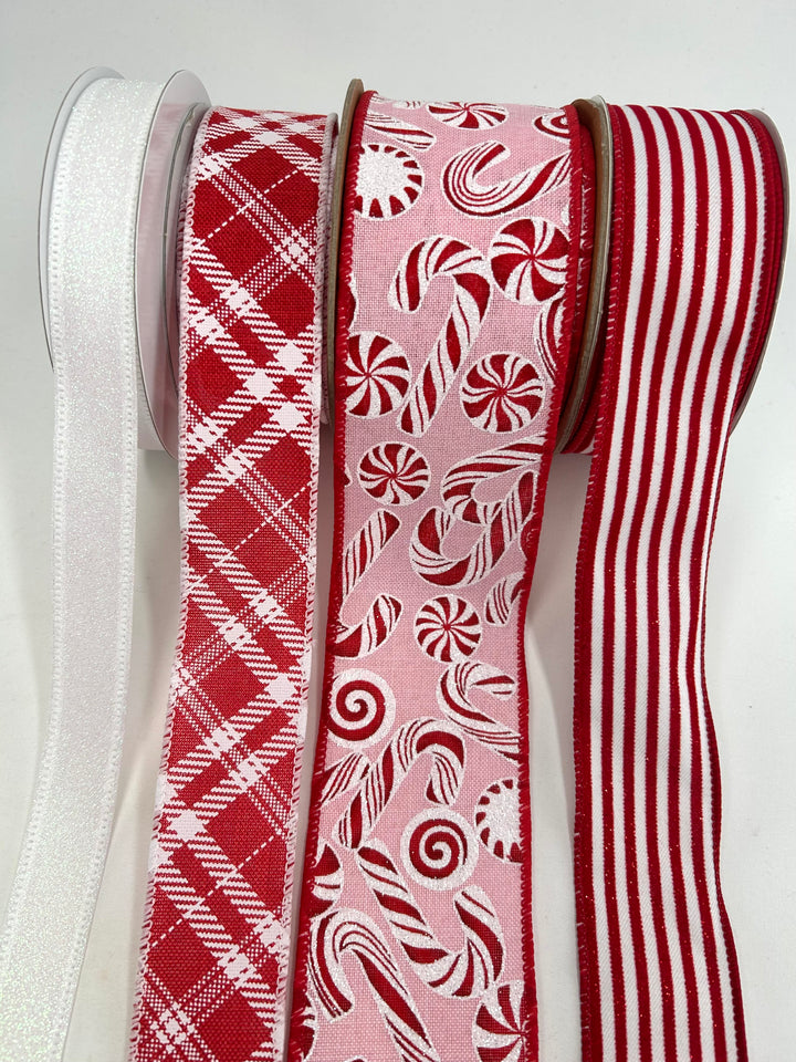 Pink Peppermint bow bundle x 4 wired ribbons