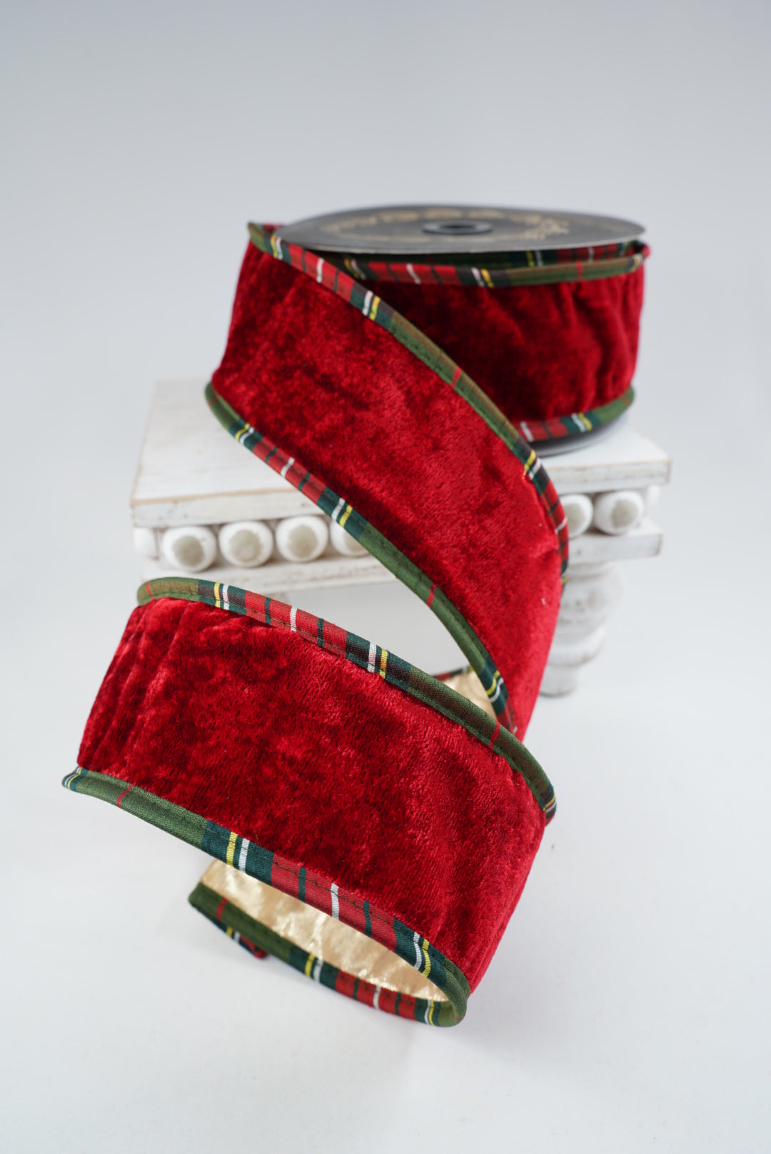 John Mark, Red Velvet And Metallic Dupion Plaid Piping Wired Ribbon - 2.5”