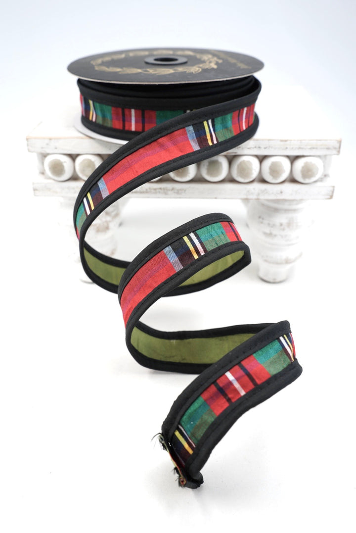 John Mark, Olive Back, Royal Stewart Plaid Dupion Wired Ribbon - 1"