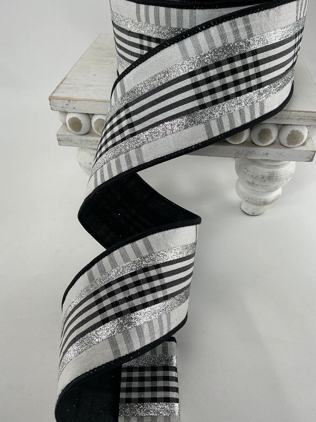 Farrisilk Black and White glitzy plaid 2.5” wired ribbon