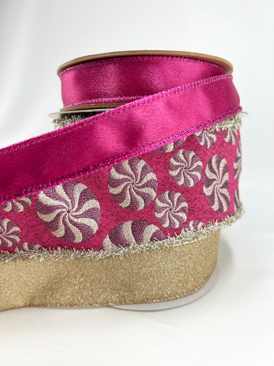 Pink Peppermint Tinsel Bow Bundle x 3 Wired Ribbons