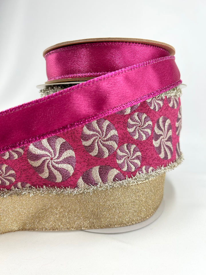 Pink Peppermint Tinsel Bow Bundle x 3 Wired Ribbons