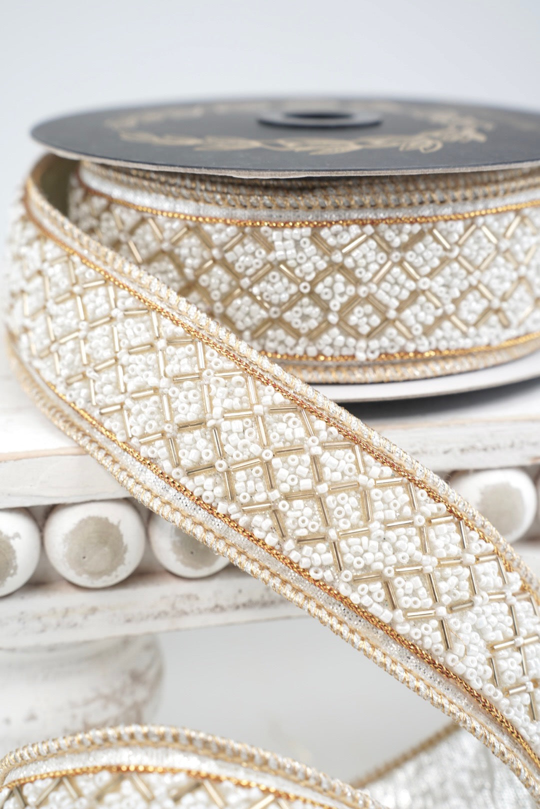 John Mark, Ivory & Gold Beaded Metallic Dupion Trim Wired Ribbon - 1.5"