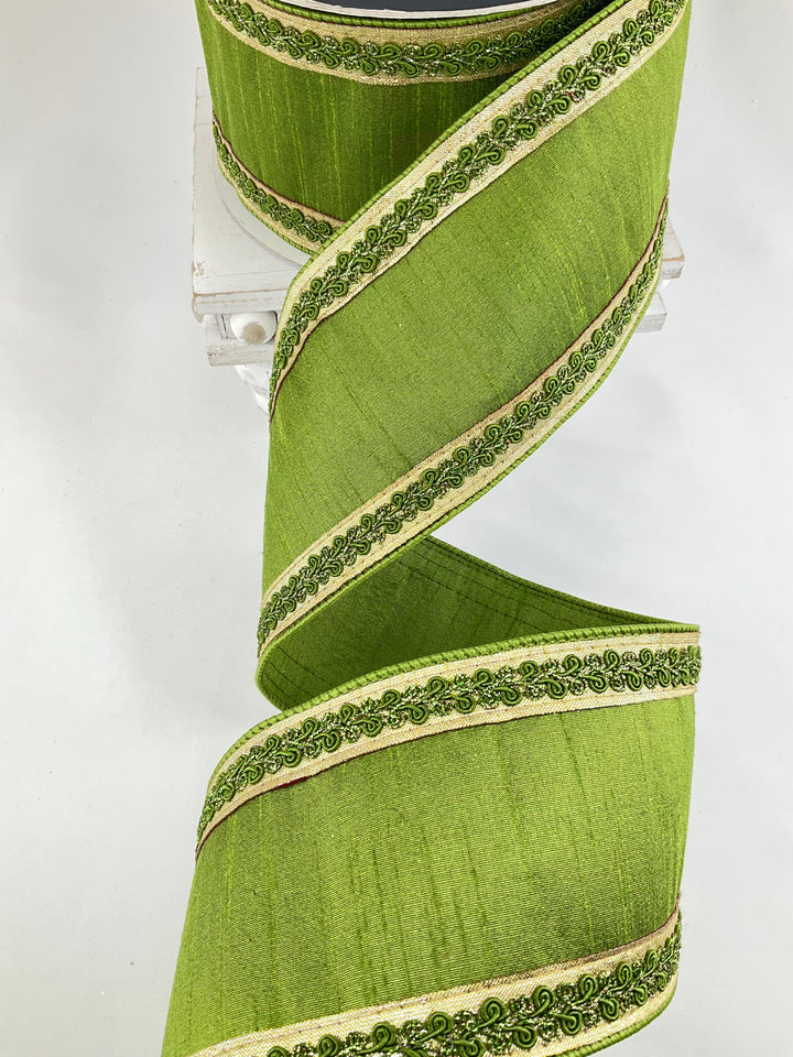 Olive Vintage Scroll Farrisilk Wired Ribbon - 4"