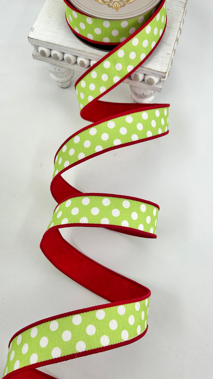 D Stevens Polka Dot Red And Lime Wired Ribbon 1.5”