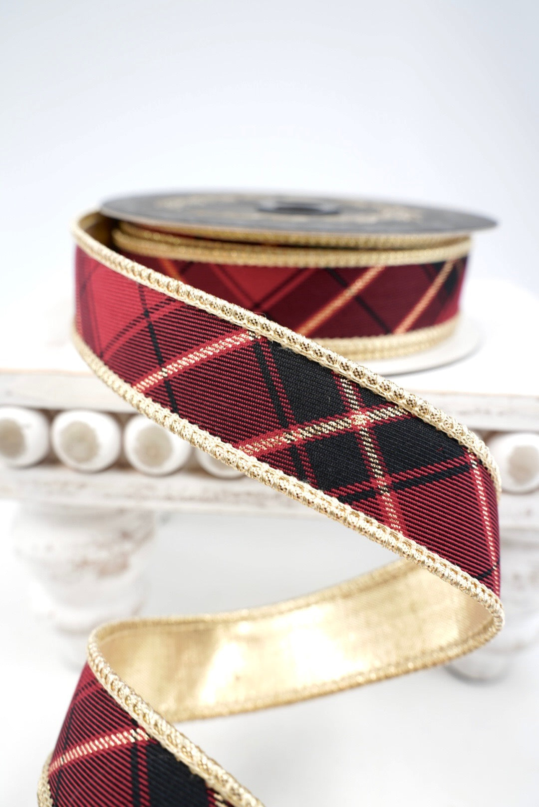 John Mark, Burgundy & Gold Plaid Wired Ribbon - 1"