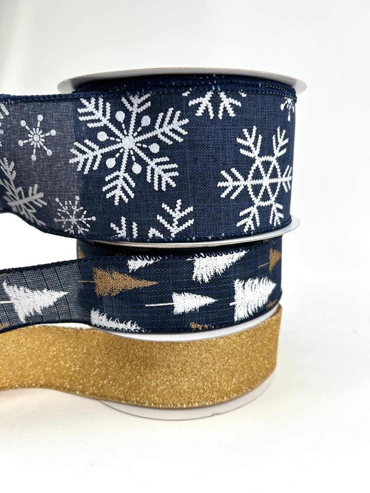 Winter Navy Blue And Gold Bow Bundle x 3 Ribbons