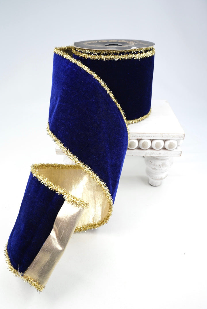 John Mark, Blue Velvet Metallic Dupion Tinsel Edge Wired Ribbon - 4"