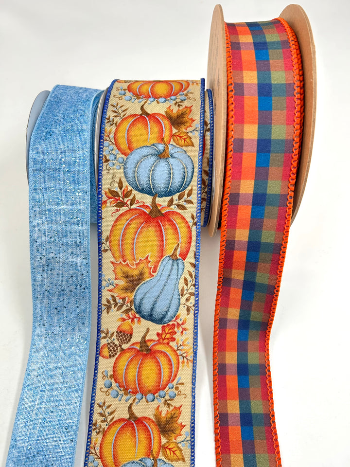 Blue Plaid Pumpkin Bow Bundle x 3 Ribbons