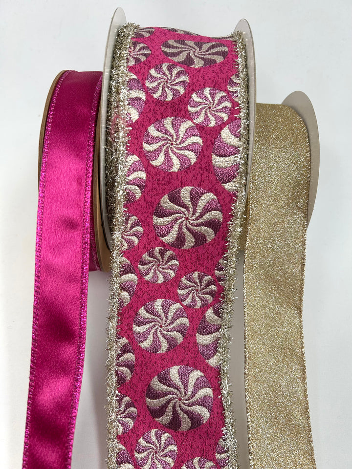 Pink Peppermint Tinsel Bow Bundle x 3 Wired Ribbons