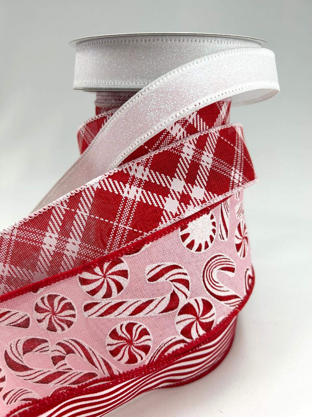Pink Peppermint bow bundle x 4 wired ribbons