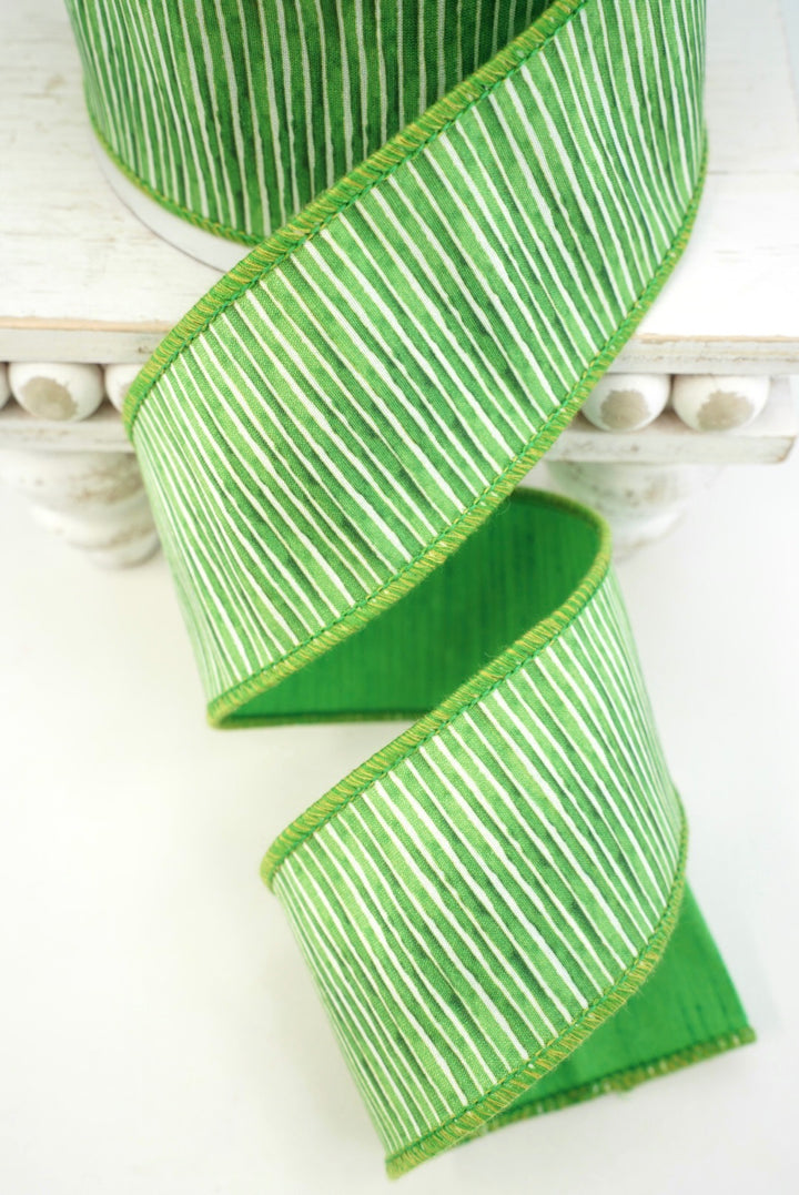 John Mark, Green Mini Stripe Dupion Wired Ribbon - 2.5"