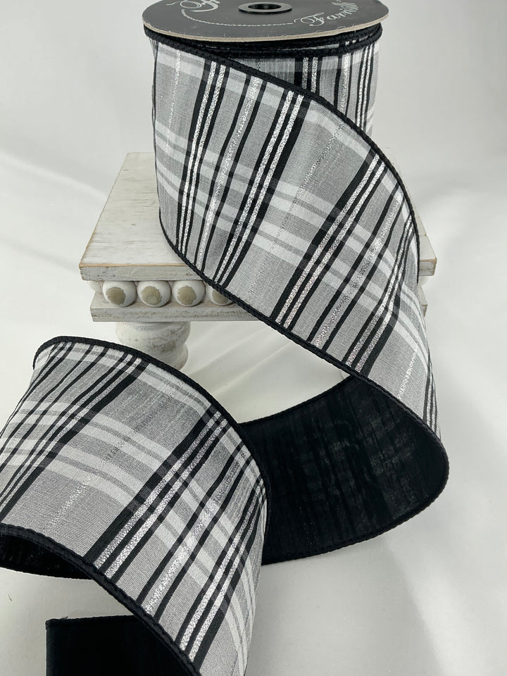 Farrisilk Black and White preppy plaid 4” wired ribbon