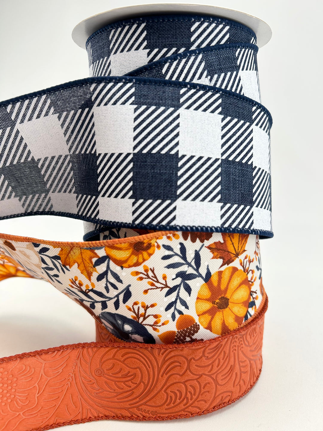Navy Blue And Rust Pumpkins Bow Bundle x 3 ribbons