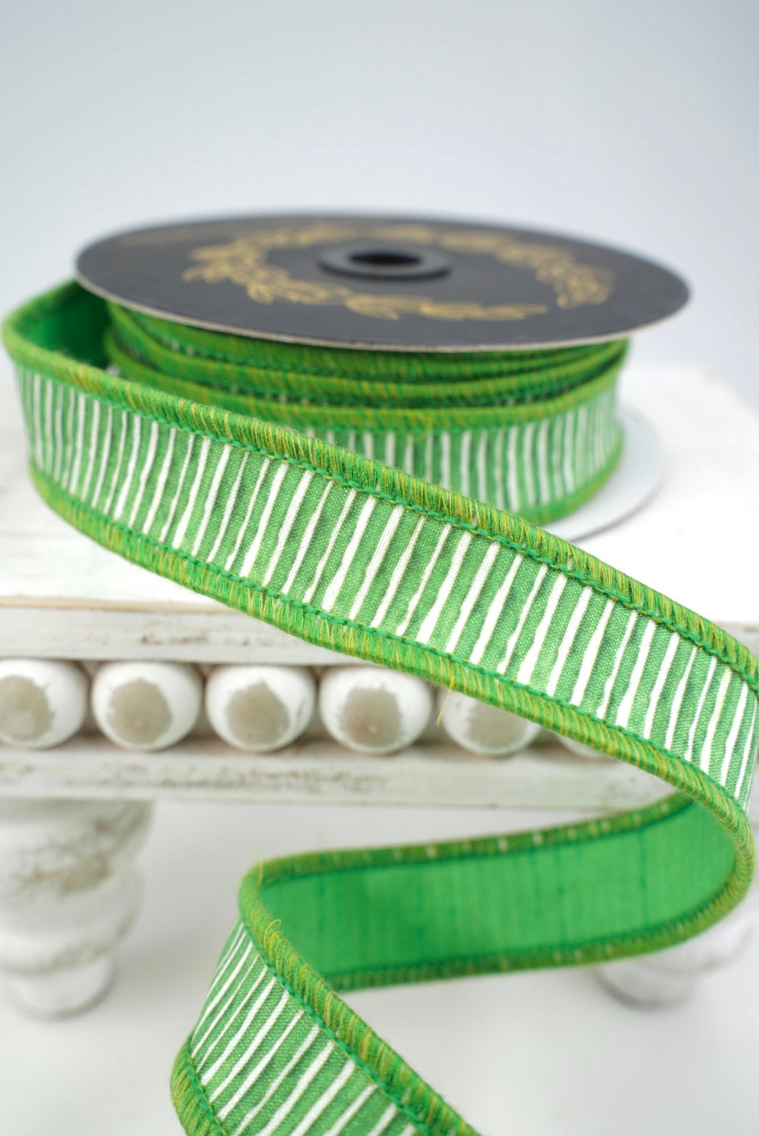 John Mark, Green Mini Stripe Dupion Wired Ribbon - 1"