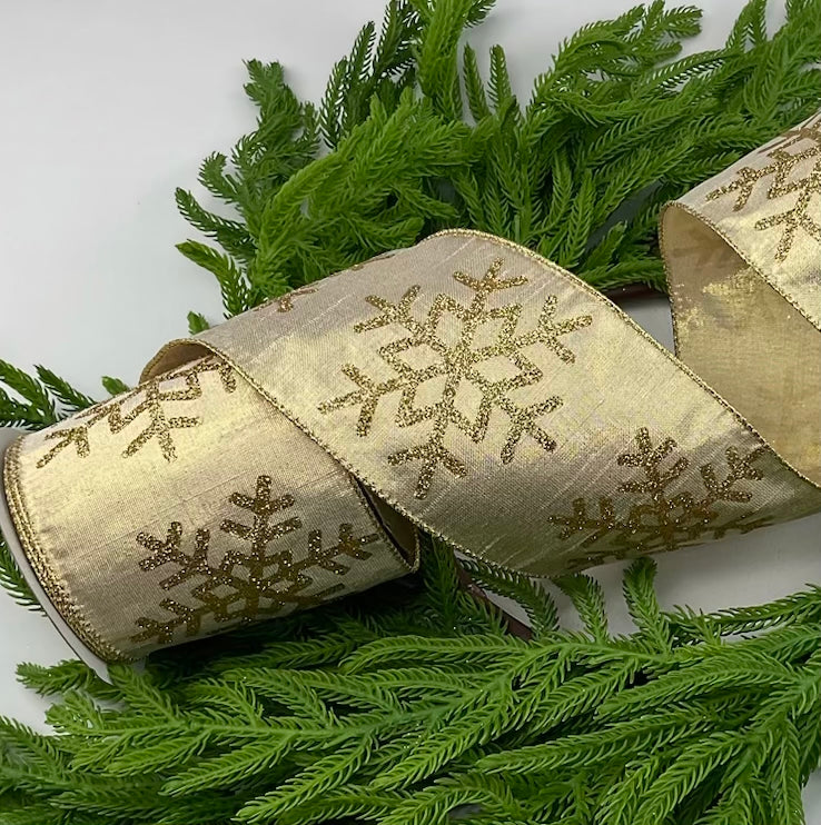 Soft gold Snowflake wired ribbon 4”