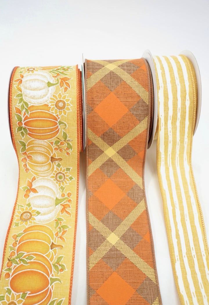 Mustard Pumpkin Plaid Bow Bundle x 3 Ribbons
