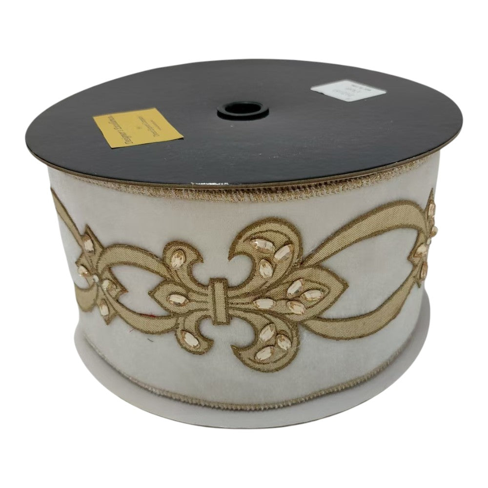 White & Gold Fleur-De-Lis Velvet Wired Ribbon - 4"
