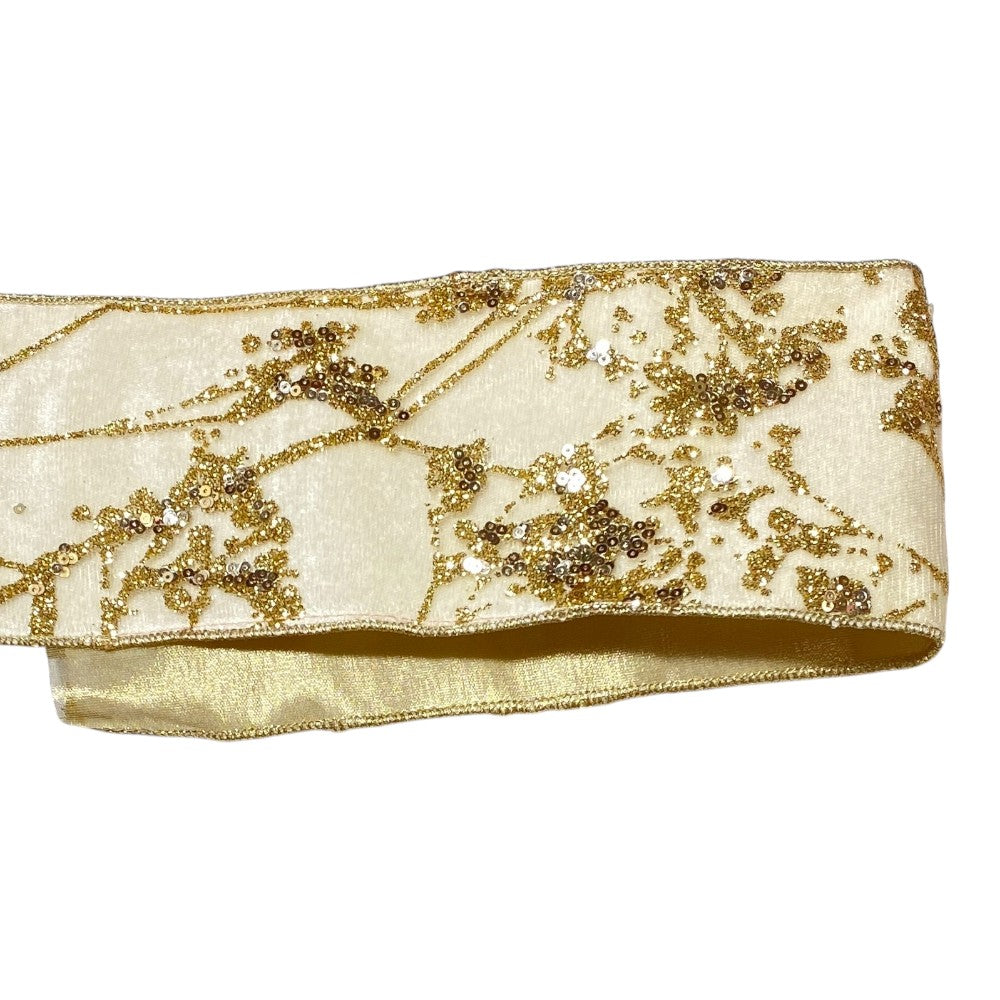 Ivory & Gold Glitter Berry Branch Ribbon - 4"