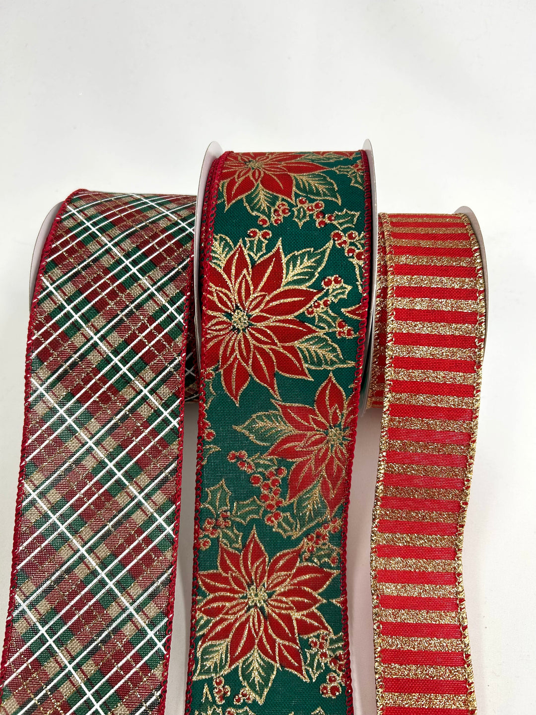 Christmas Red & Green Poinsettia Bow Bundle x 3 Wired Ribbons