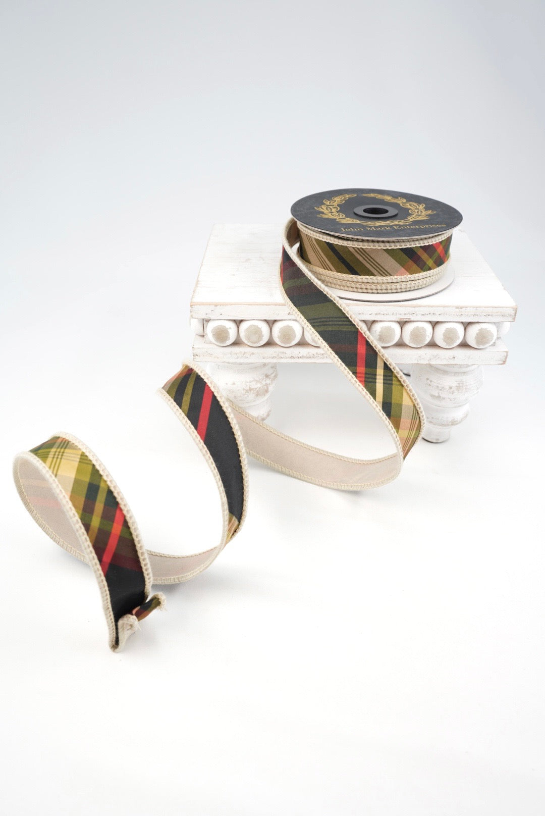 John Mark, Green Huntington Plaid Taffeta Wired Ribbon - 1"