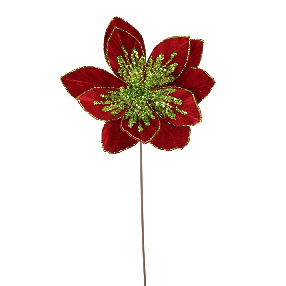 Artificial Red & Apple Green Glitter Poinsettia Stem - 22"