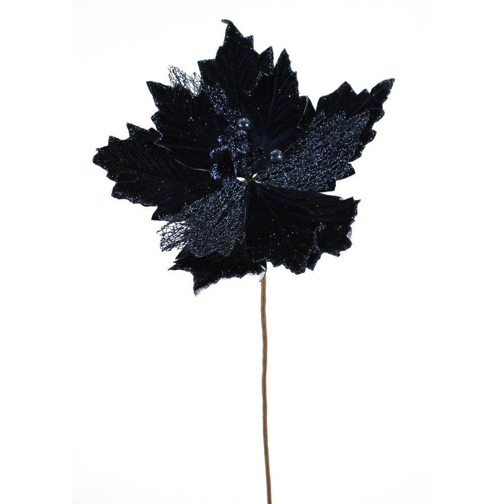 Artificial Navy Velvet Glitter Poinsettia Stem - 20"