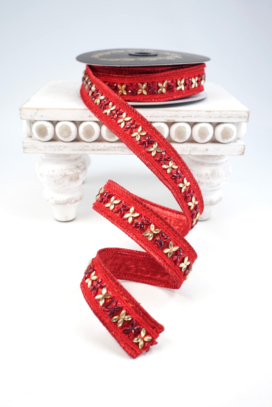 John Mark, Red Jeweled Metallic Dupion Trim Wired Ribbon - 1"