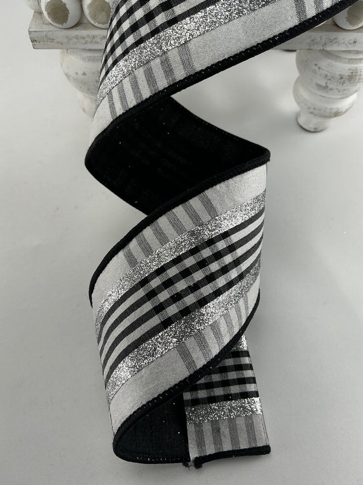 Farrisilk Black and White glitzy plaid 2.5” wired ribbon