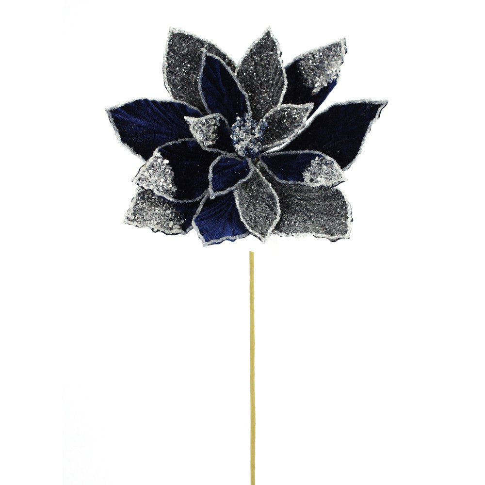Artificial Midnight Blue Frosted Poinsettia Stem - 20"