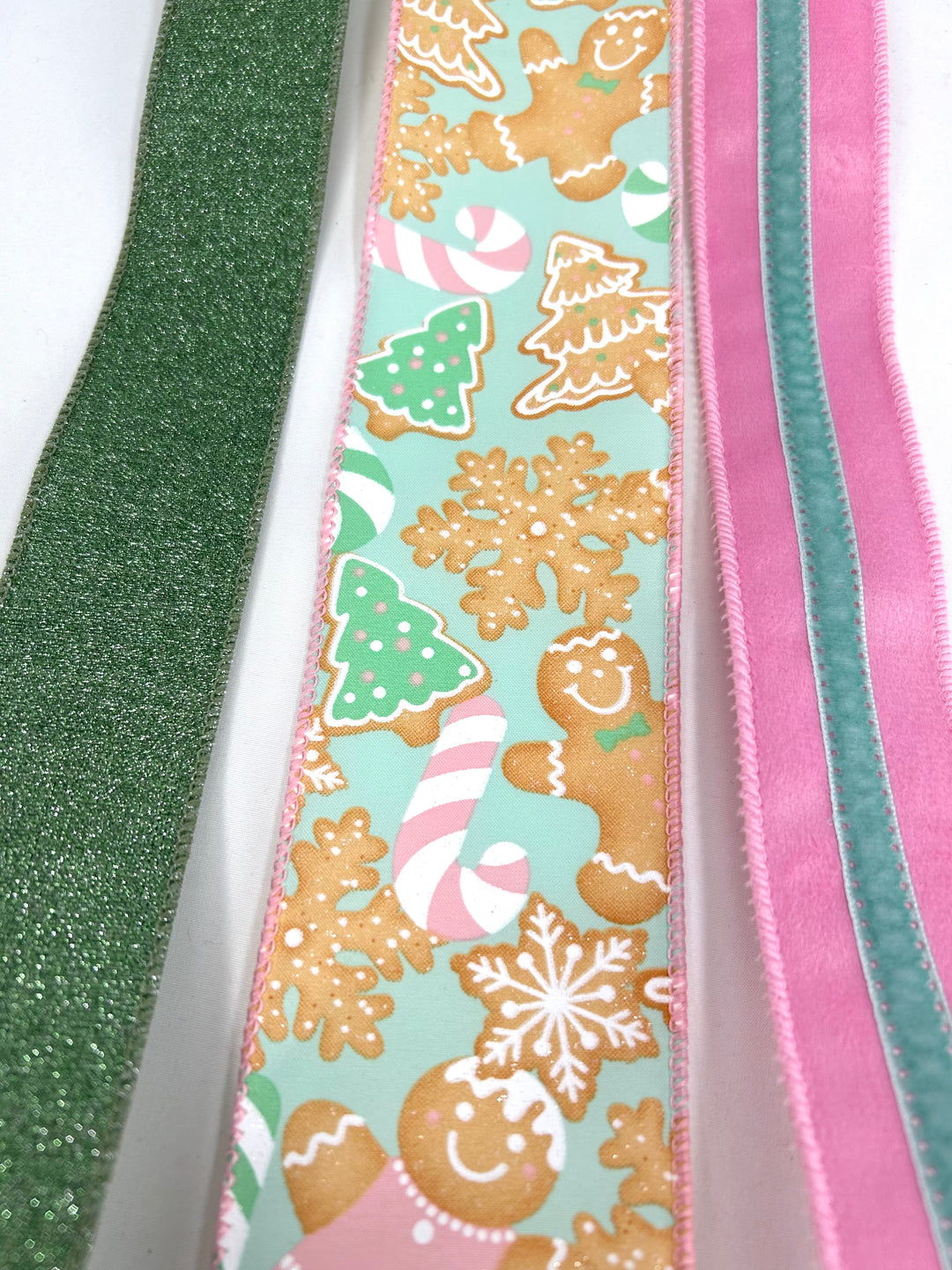 Pink Mint Gingerbread Bow Bundle x 3 Wired Ribbons