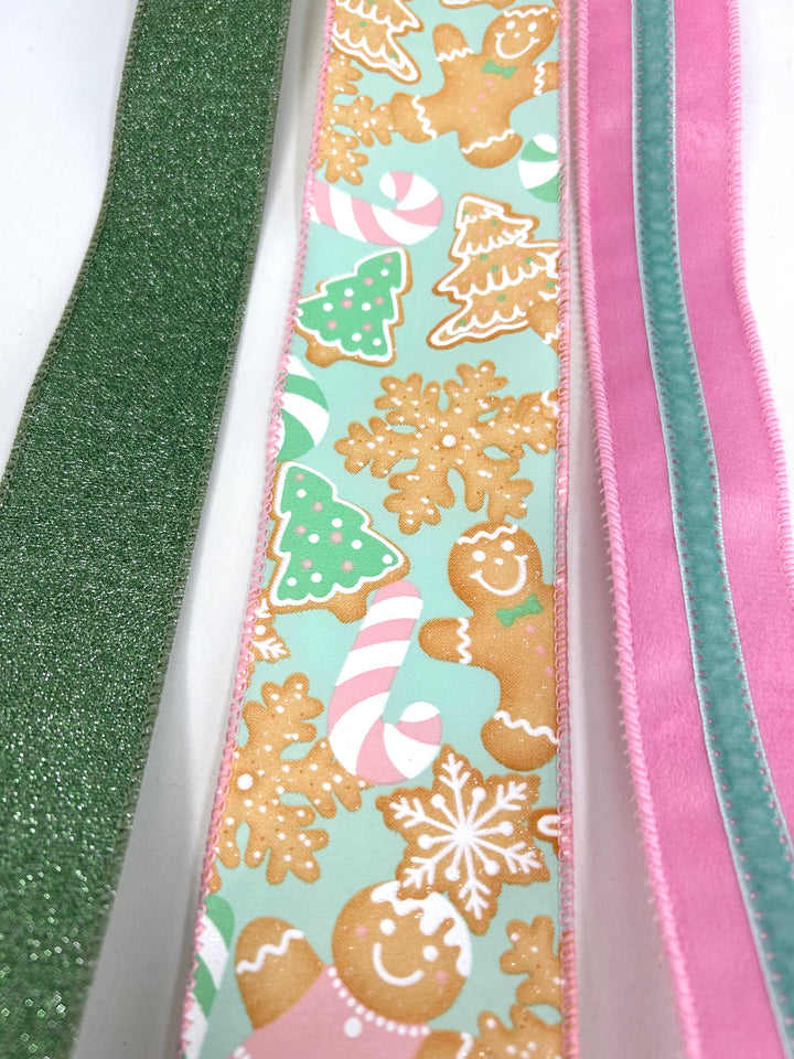 Pink Mint Gingerbread Bow Bundle x 3 Wired Ribbons