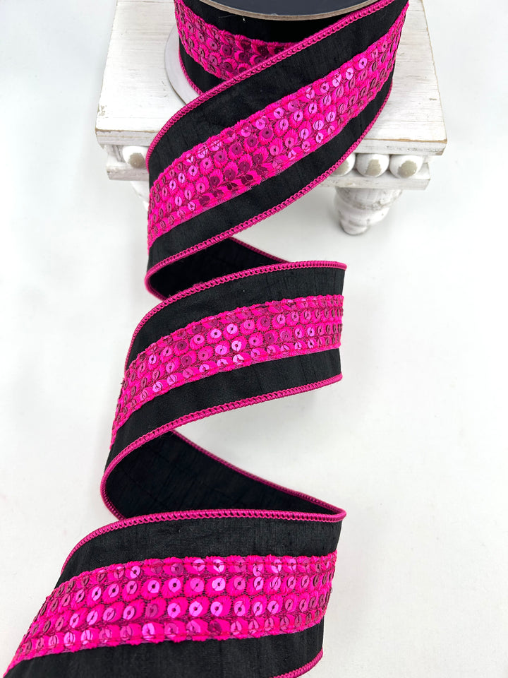 Farrisilk Hot Pink & Black Hoo Who Wired Ribbon - 2.5"