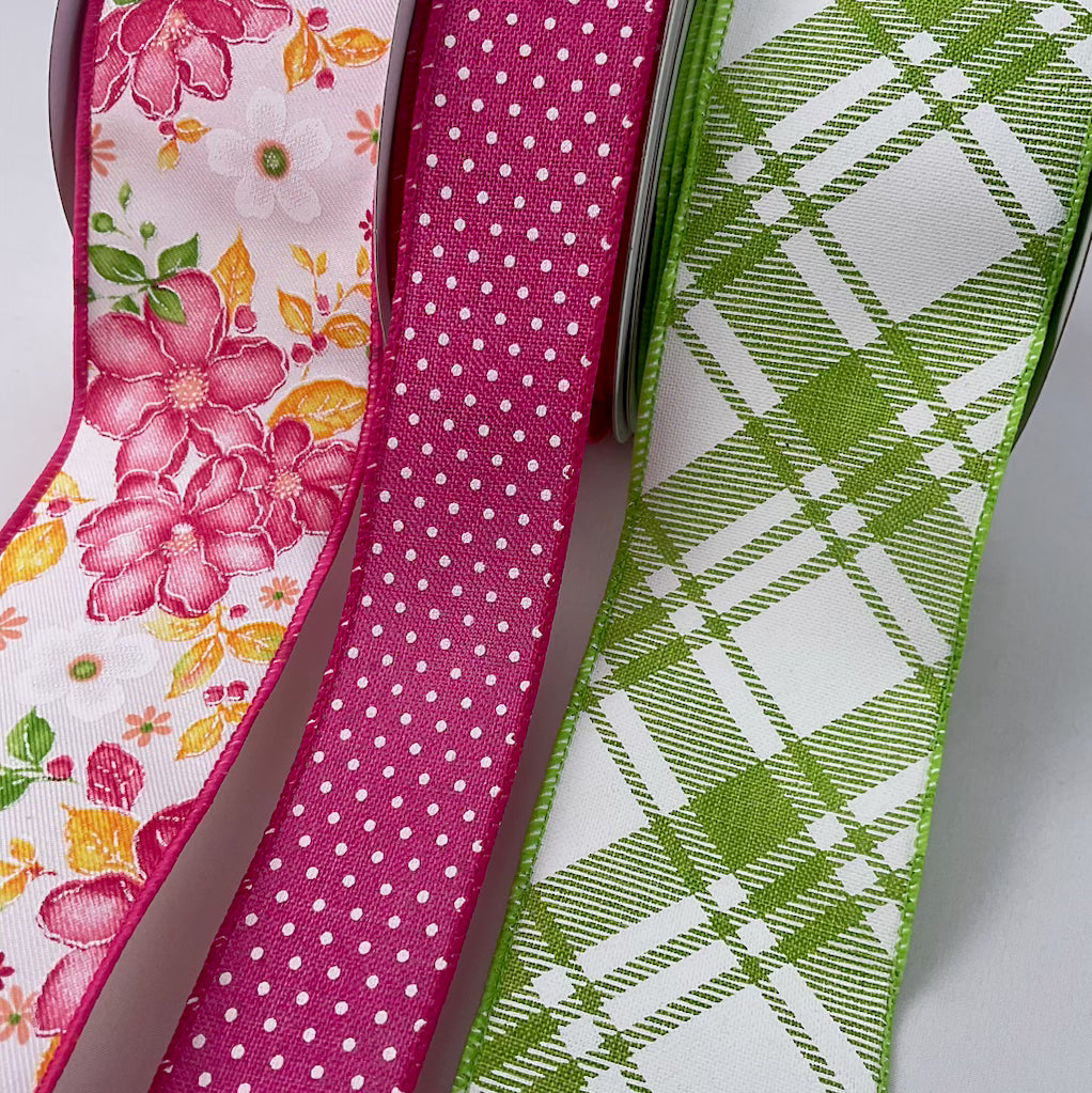 pink and lime green floral bow bundle x 3 wired ribbons