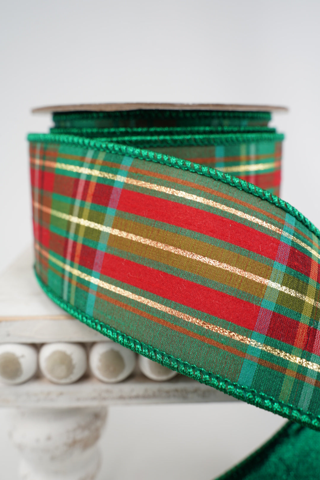Green holiday plaid wired ribbon 2.5”