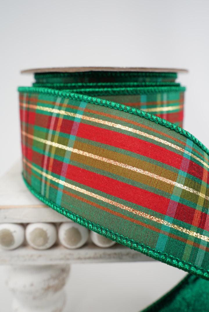 Green holiday plaid wired ribbon 2.5”