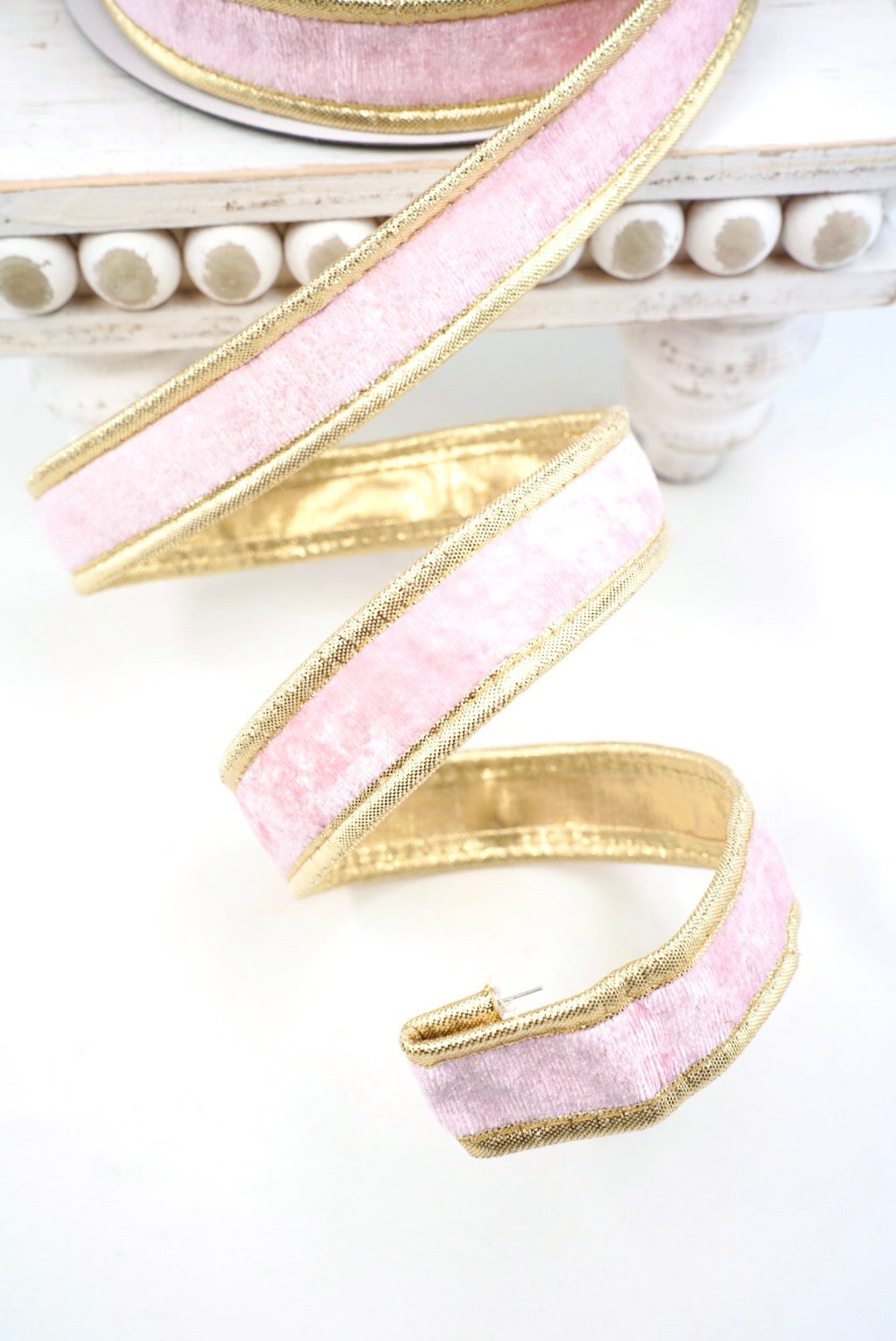 John Mark, Pink & Gold Velvet Metallic Dupion Piping Wired Ribbon - 1"