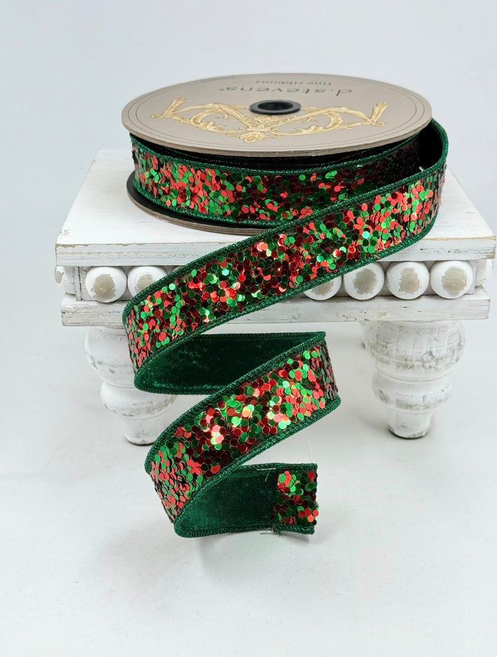 D Stevens Red And Green Sequins Wired Ribbon 1”